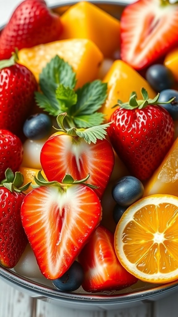 50 Gorgeous Strawberry Wallpaper Designs for Your iPhone A bowl filled with strawberries, orange slices, blueberries, and mint leaves.