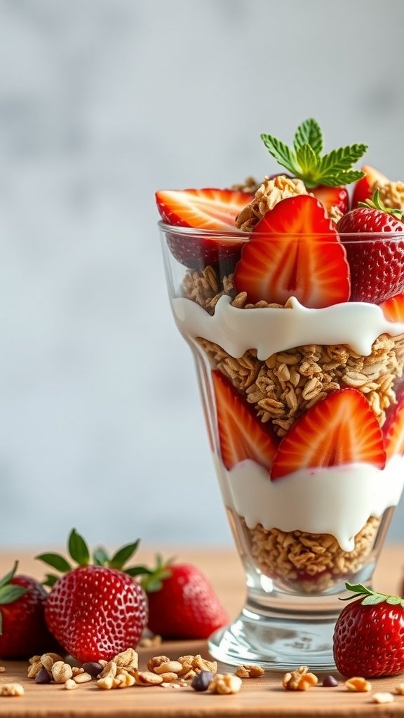 50 Gorgeous Strawberry Wallpaper Designs for Your iPhone A delicious strawberry and granola parfait layered in a glass with fresh strawberry slices on top.