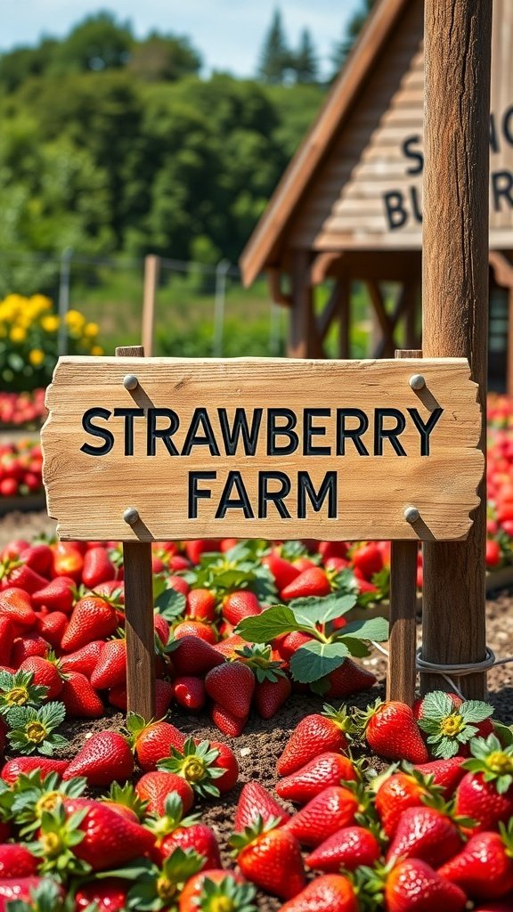 50 Gorgeous Strawberry Wallpaper Designs for Your iPhone Wooden sign that reads 'STRAWBERRY FARM' surrounded by ripe strawberries