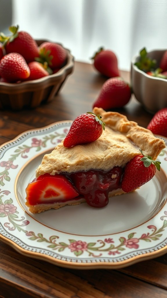 50 Gorgeous Strawberry Wallpaper Designs for Your iPhone A slice of strawberry pie on a decorative plate, surrounded by fresh strawberries.