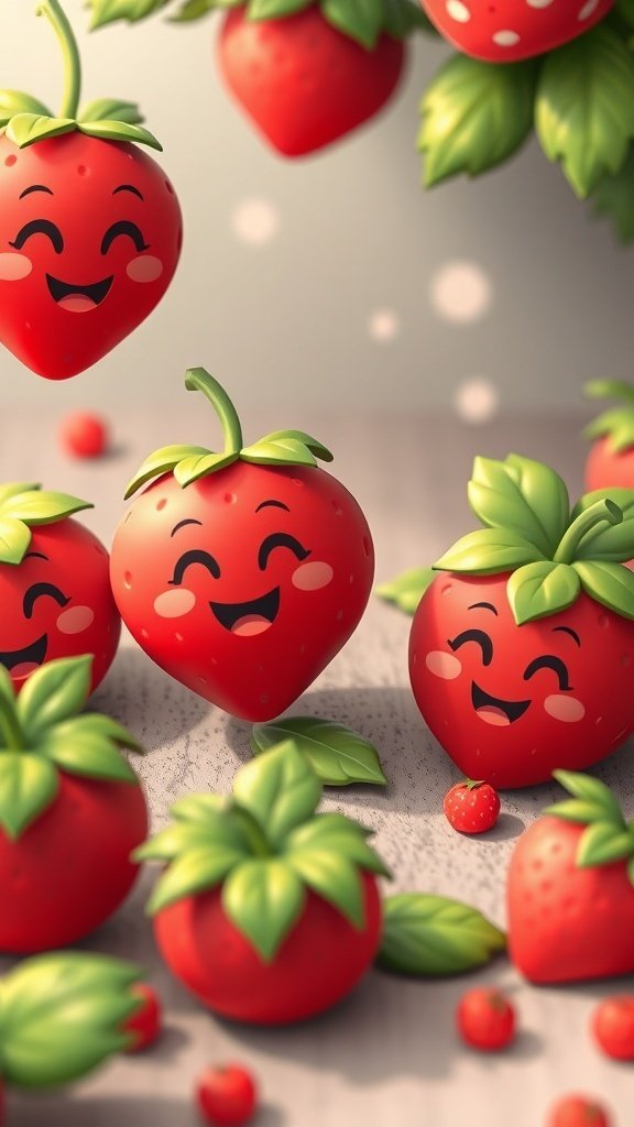 50 Gorgeous Strawberry Wallpaper Designs for Your iPhone Cute cartoon strawberries with happy faces on vibrant red strawberries.