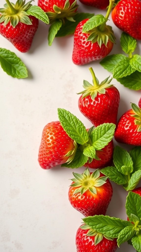50 Gorgeous Strawberry Wallpaper Designs for Your iPhone A close-up of fresh strawberries and mint leaves arranged beautifully.