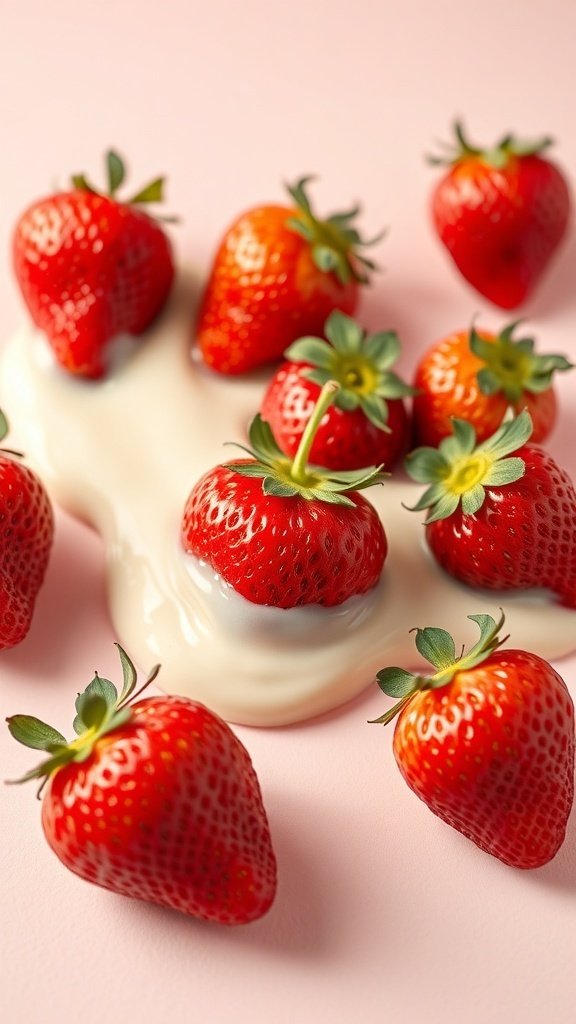 50 Gorgeous Strawberry Wallpaper Designs for Your iPhone Fresh strawberries coated in cream on a pastel pink background