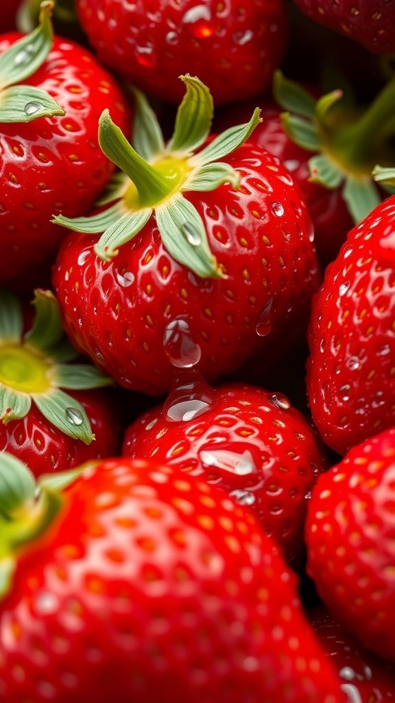 50 Gorgeous Strawberry Wallpaper Designs for Your iPhone A close-up of fresh strawberries with water droplets. Strawberry Wallpaper Designs