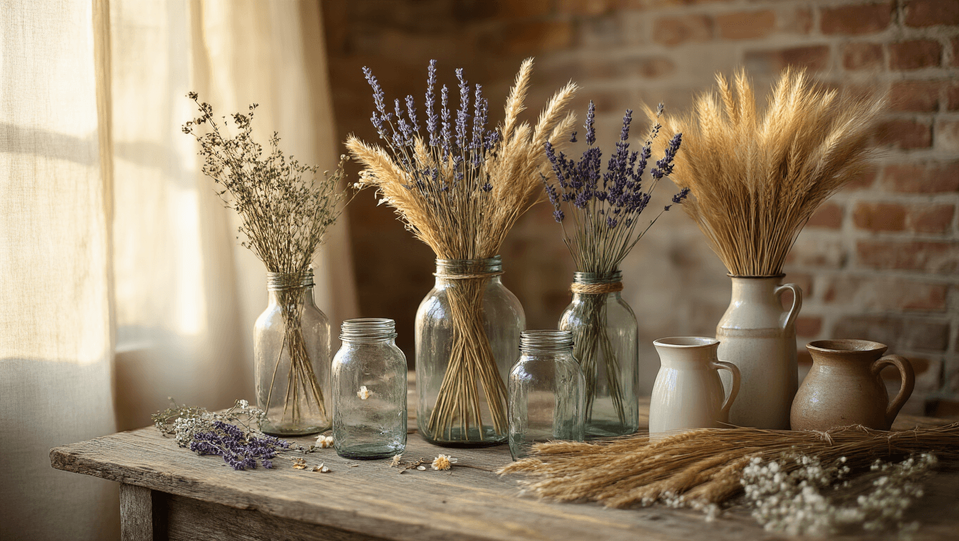How to Bring Wildflower Magic Into Your Home (Without Killing Everything You Touch) Cinematic overhead shot of rustic glass vases and mason jars filled with dried flowers on a weathered wood surface, bathed in warm golden hour light, surrounded by pressed flowers and earthy textures in a cozy farmhouse setting.