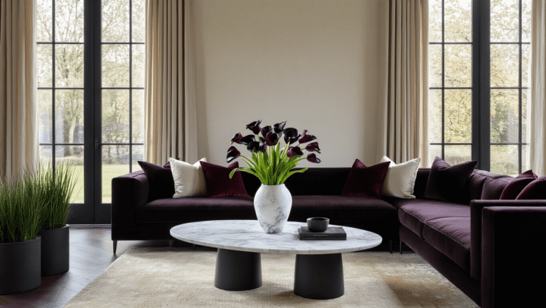 The Dark Side of Gardening: Why Black Flowers Are My New Obsession Sophisticated living room featuring a dramatic black flower arrangement with burgundy tulips and dark calla lilies in a marble vase, charcoal velvet seating, and rich hardwood floors, illuminated by soft golden light through tall windows.