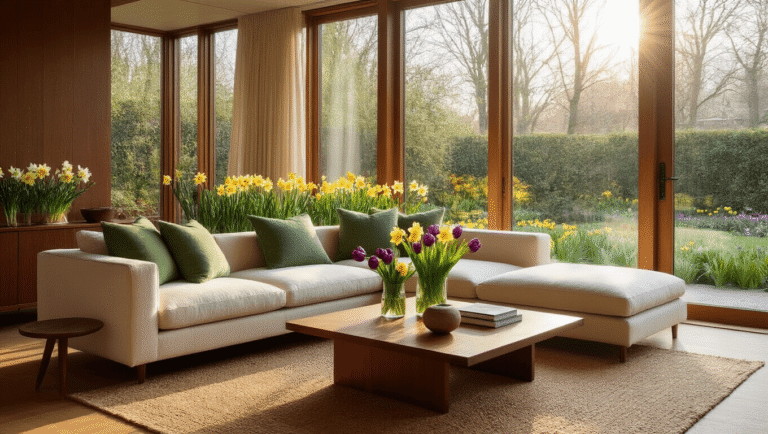 The Spring Flowers That'll Make Your Garden Actually Look Like Those Pinterest Photos Cinematic interior of a mid-century modern living room featuring floor-to-ceiling windows that overlook a vibrant spring garden, with a cream linen sectional adorned with sage green pillows, a walnut coffee table displaying fresh-cut daffodils and tulips in a ceramic vase, and burgundy hellebores scattered on honey oak floors, illuminated by warm golden hour sunlight creating soft shadows.