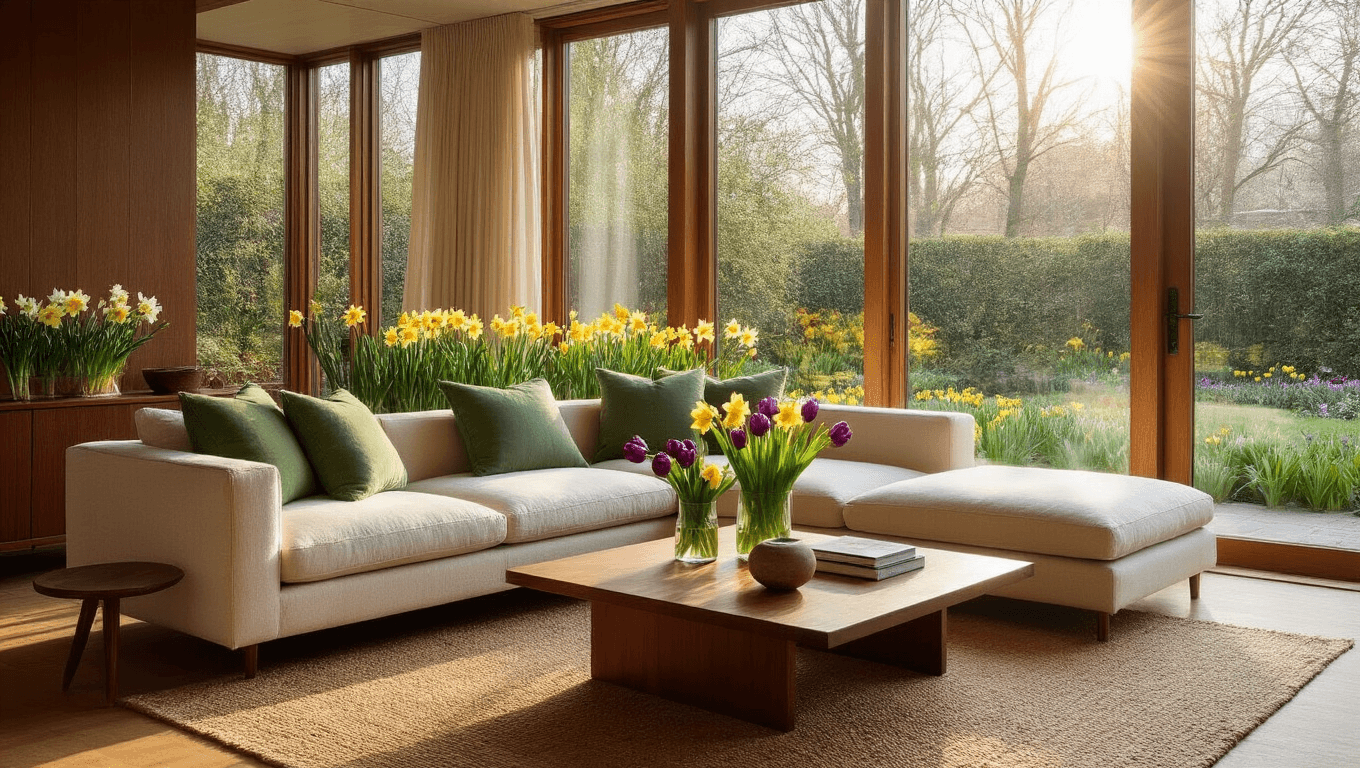 The Spring Flowers That'll Make Your Garden Actually Look Like Those Pinterest Photos Cinematic interior of a mid-century modern living room featuring floor-to-ceiling windows that overlook a vibrant spring garden, with a cream linen sectional adorned with sage green pillows, a walnut coffee table displaying fresh-cut daffodils and tulips in a ceramic vase, and burgundy hellebores scattered on honey oak floors, illuminated by warm golden hour sunlight creating soft shadows.