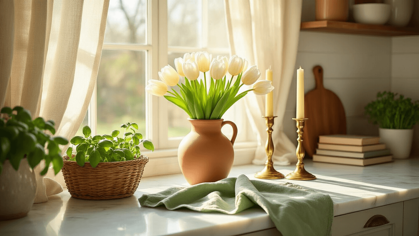 Spring Kitchen Decor That'll Make You Want to Cook Again (Or At Least Pretend To) A sunlit spring kitchen featuring cream tulips in a terra cotta vase on a white marble counter, surrounded by sage green tea towels, fresh herbs in a woven seagrass basket, and brass candlesticks with cream candles, all styled with vintage touches and soft shadows for a cozy cottage-core aesthetic.