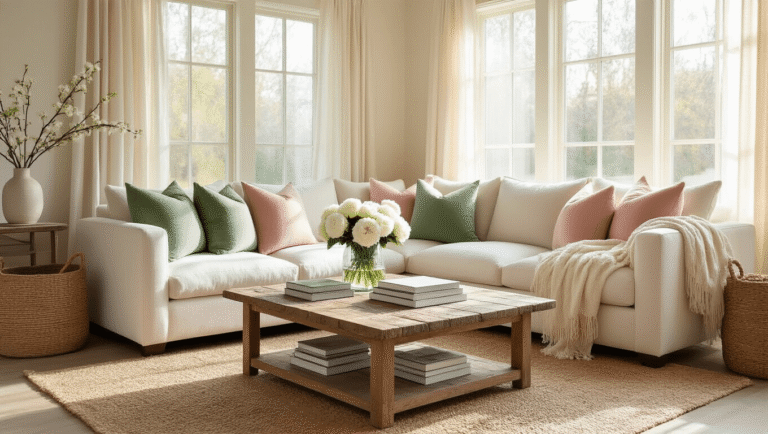 Spring Room Decor That Actually Looks Good (No Easter Bunny Overload Required) A bright spring living room featuring a cream sectional adorned with sage green and blush pink throw pillows, a reclaimed wood coffee table with stacked books and a glass vase of white peonies, all bathed in warm golden hour light filtering through sheer curtains. The space includes a jute area rug, woven storage baskets, and a lightweight cream throw draped over the sofa, creating an inviting atmosphere with a neutral palette and natural wood accents.