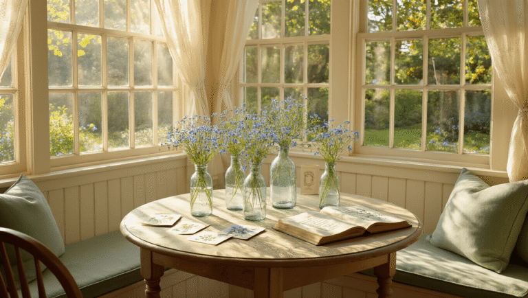 Forget-Me-Not Flowers: The Ultimate Guide to Growing and Styling Nature's Most Romantic Blooms A sunlit breakfast nook with a weathered oak table featuring vintage glass bottles filled with blue forget-me-nots, pressed flower cards, and an open garden journal, surrounded by cream shiplap walls and sage green window seat cushions, framed by large windows showcasing a garden pathway with tiny blue flowers, all bathed in warm morning light.