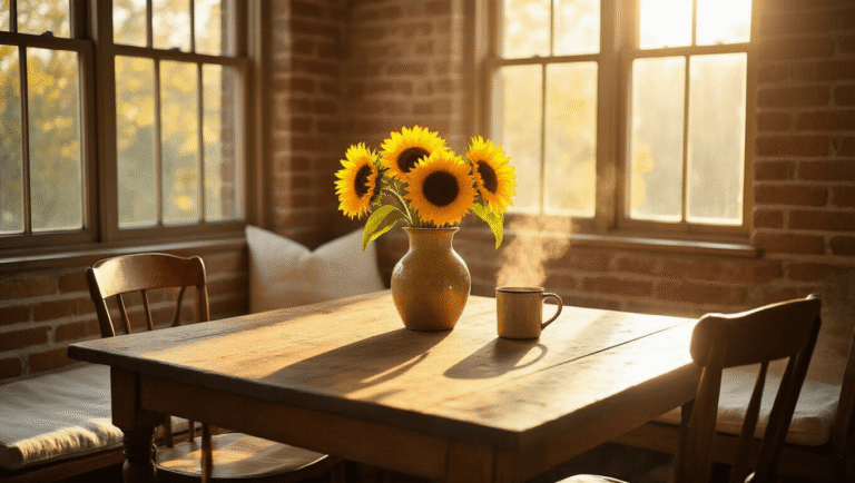 Good Morning Flowers Pictures: Where to Find Them and How to Use Them Perfectly A sunlit breakfast nook featuring a rustic oak table adorned with vibrant yellow sunflowers in a weathered ceramic vase, surrounded by mismatched vintage chairs and soft cream-toned cushions, with warm morning light streaming through bay windows and casting gentle shadows on exposed brick walls.