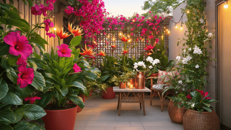 Tropical Flower Garden & Patio Styling: How I Created My Own Backyard Paradise Cinematic wide shot of a vibrant tropical balcony at golden hour, featuring magenta hibiscus, bird of paradise, coral bougainvillea, white orchids, and red anthurium, with glowing string lights, sage green cushions, and a natural jute rug, creating an inviting vacation-worthy retreat ambiance.