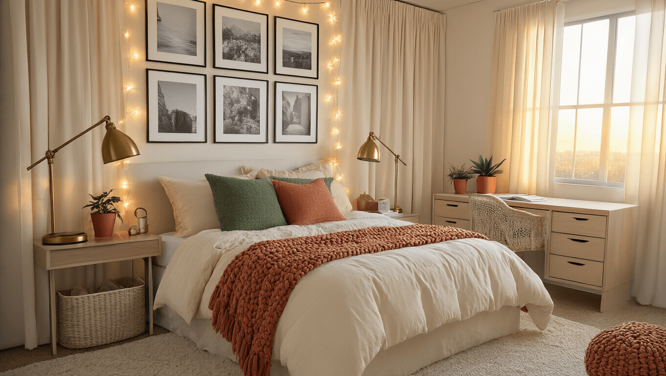 Cozy college dorm room with lofted twin bed in cream and sage bedding, accent pillows, framed black-and-white photos, warm string lights, and styled desk with brass lamp, all illuminated by golden hour sunlight.