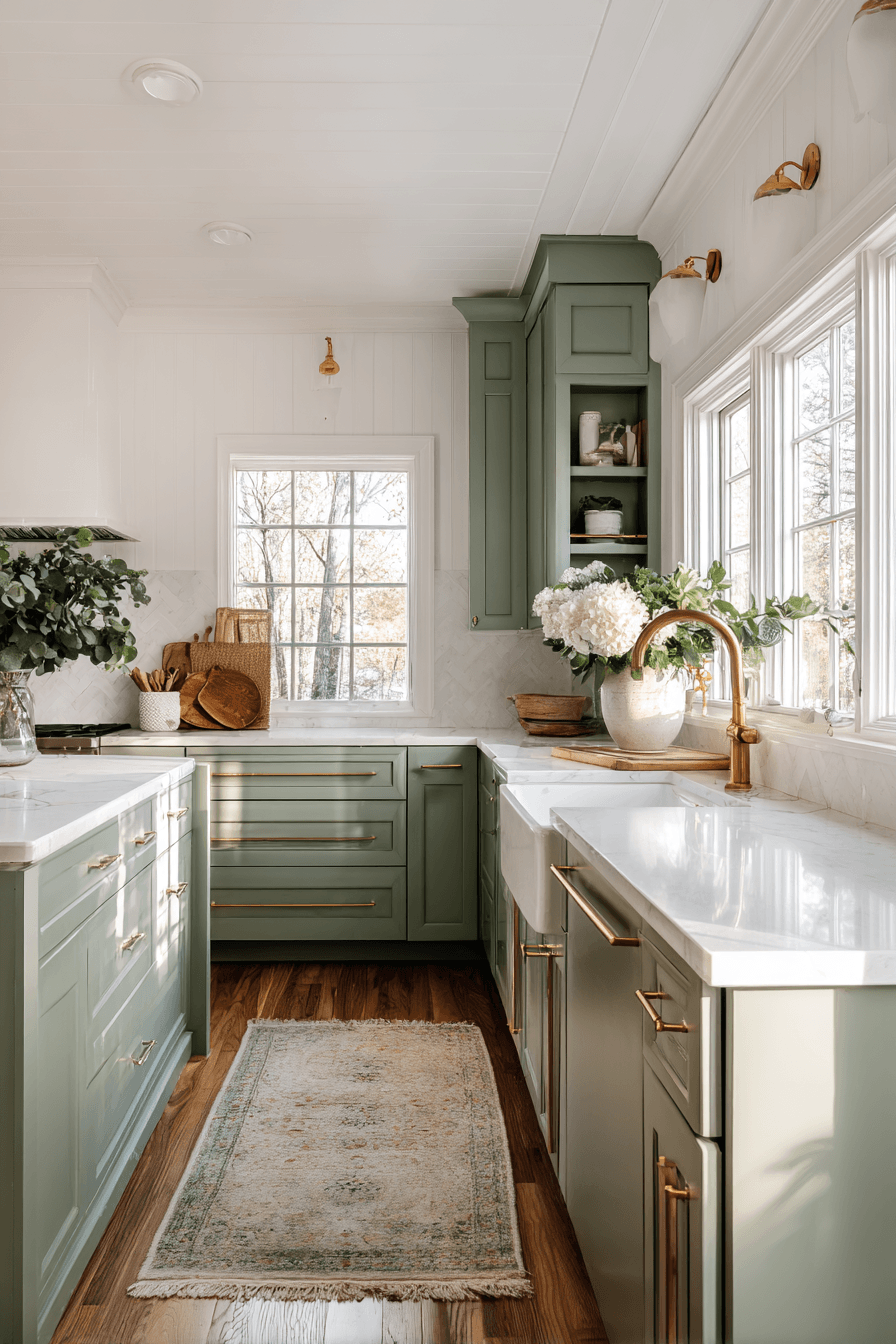 27 Warm Evergreen Fog Kitchen Cabinets