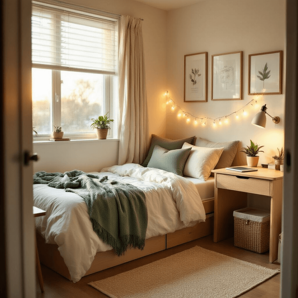How I Transformed My Tiny Uni Dorm Into a Pinterest-Worthy Paradise (Without Breaking the Bank) Photorealistic wide-angle shot of a cozy university dorm room during golden hour, featuring a small single bed with a cream duvet and sage green throw, a compact wooden desk with a laptop and plant, a beige woven rug, fairy lights above the bed, and a gallery wall of black-and-white prints, all bathed in warm natural light.
