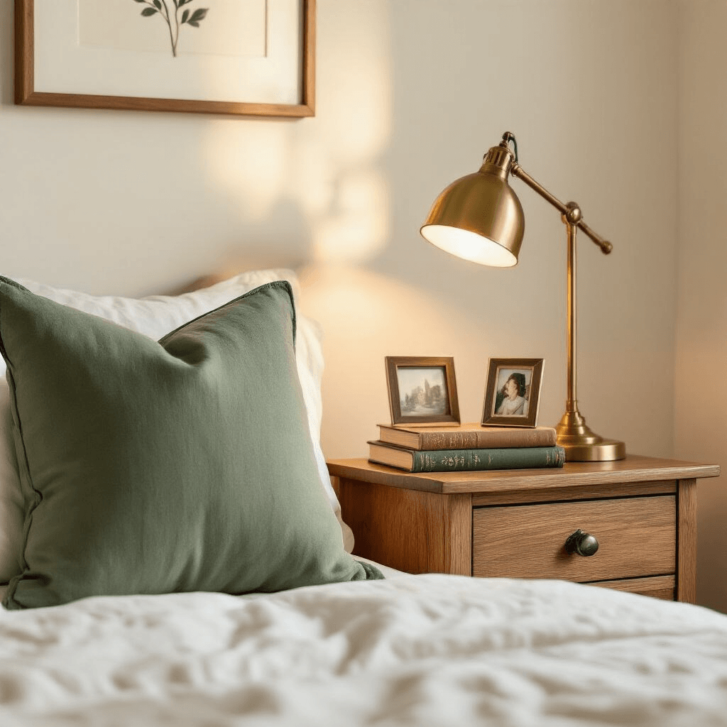 How I Transformed My Tiny Uni Dorm Into a Pinterest-Worthy Paradise (Without Breaking the Bank) Intimate close-up of a styled dorm nightstand featuring vintage books, a brass reading lamp, and a personal photo frame, set against a backdrop of cream bed linens and a sage green accent pillow, illuminated by soft afternoon light with a warm, inviting ambiance.