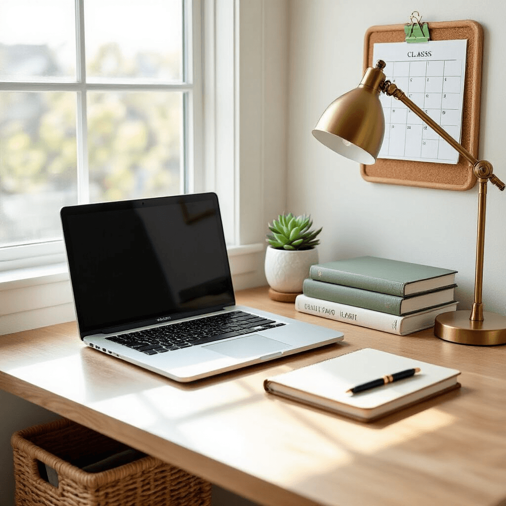 How I Transformed My Tiny Uni Dorm Into a Pinterest-Worthy Paradise (Without Breaking the Bank) A clean, minimal dorm desk workspace features a closed MacBook, an open leather notebook with a pen, a tiny ceramic plant pot with a fake succulent, and a brass desk lamp. Two textbooks are stacked vertically, and a cork bulletin board with a class schedule is pinned above the desk. The scene is illuminated by natural light from a window and showcases a neutral color palette with sage green accents.