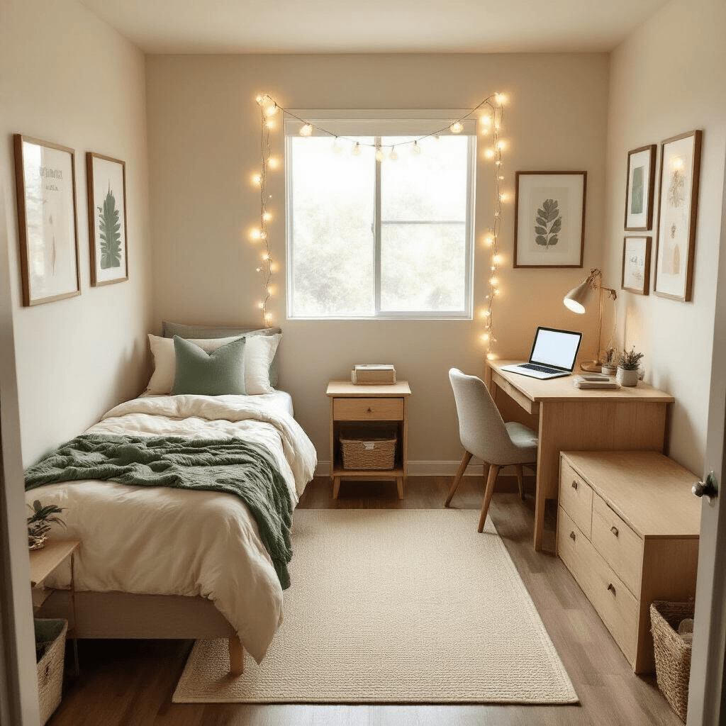 How I Transformed My Tiny Uni Dorm Into a Pinterest-Worthy Paradise (Without Breaking the Bank) Overhead view of a transformed dorm room featuring a twin bed with cream bedding, a wooden nightstand, a compact desk, and a gallery wall, all arranged in a neutral color palette with warm string lights.