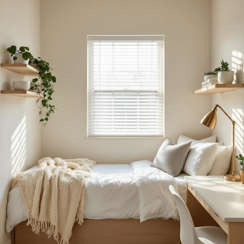 Transform Your Dorm Room into an Instagram-Worthy Haven (Without Breaking the Bank) Wide-angle view of a minimalist neutral dorm room with soft white cinder block walls, a twin XL bed with layered pillows, light oak floating shelves with planters, a simple desk under a window, and warm LED string lights along the ceiling.