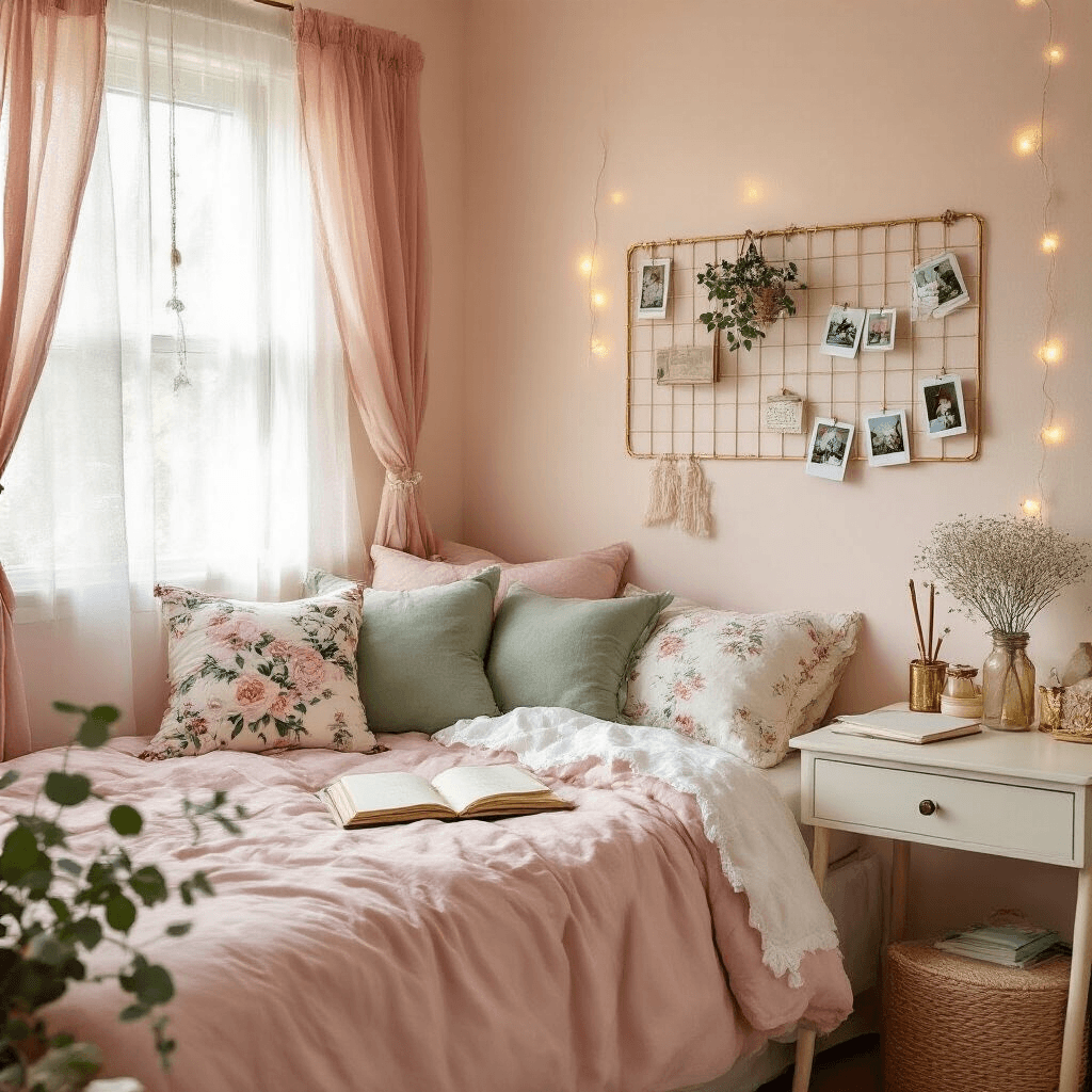 Transform Your Dorm Room into an Instagram-Worthy Haven (Without Breaking the Bank) Cozy cottagecore dorm room featuring a twin bed with blush pink bedding and vintage floral accents, cream pegboard displaying dried flowers and photos, a styled desk with warm lighting, and soft pastel tones illuminated by morning light through sheer curtains.