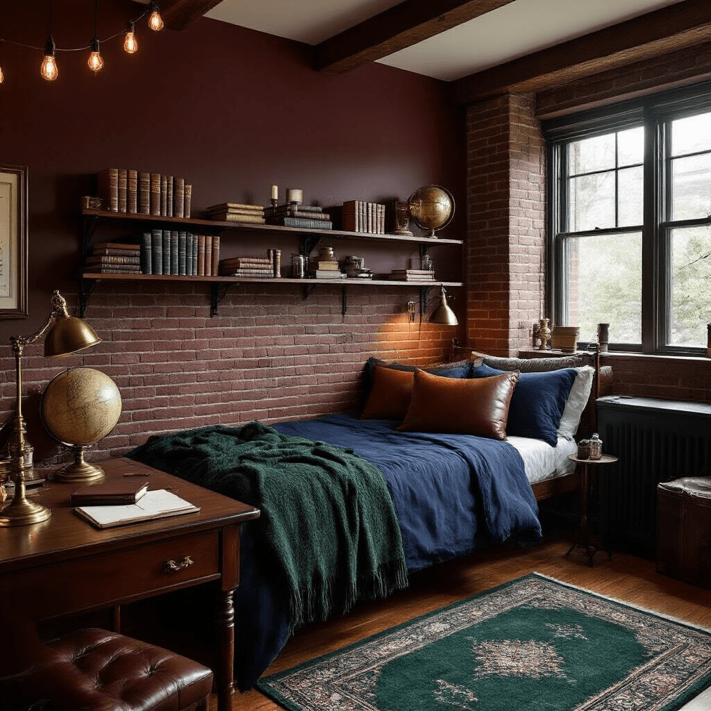 Transform Your Dorm Room into an Instagram-Worthy Haven (Without Breaking the Bank) Moody dorm interior featuring a compact study corner with a twin bed against a brick wall, rich burgundy and forest green accents, vintage decor, dark wood shelves with books and candles, a wooden desk with classic literature and a decorative globe, all softly illuminated by warm string lights.