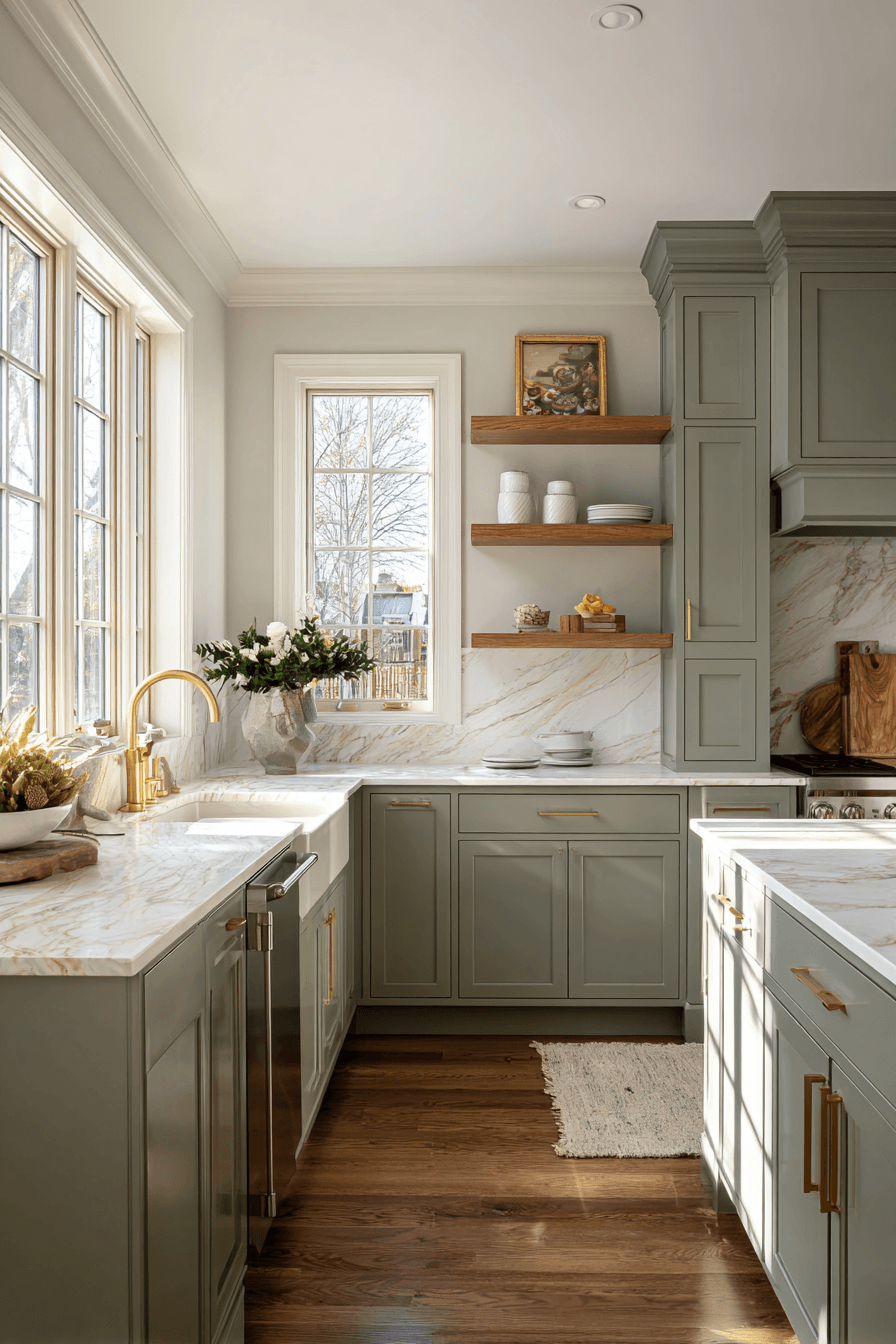 27 Warm Evergreen Fog Kitchen Cabinets