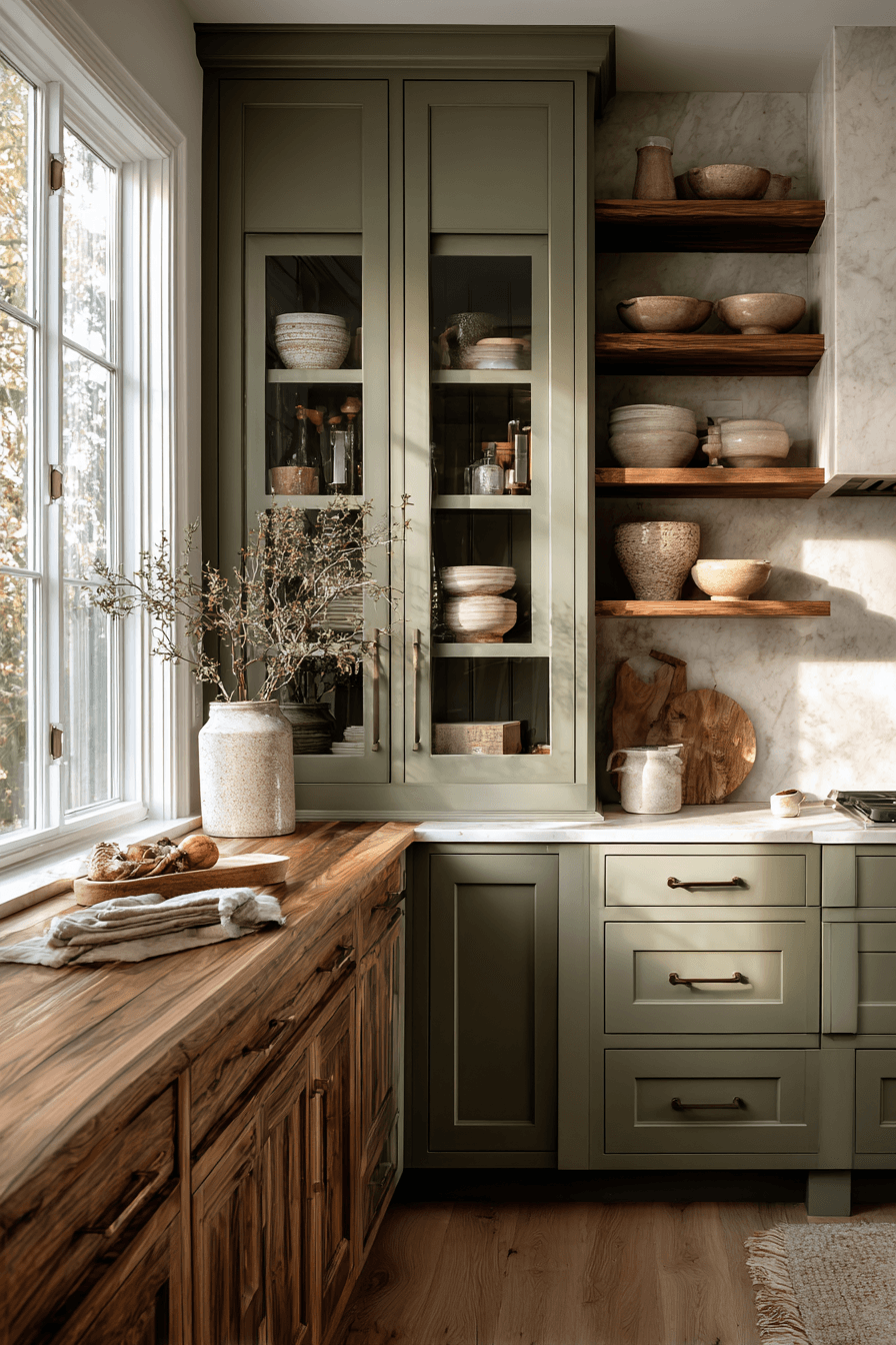 27 Warm Evergreen Fog Kitchen Cabinets