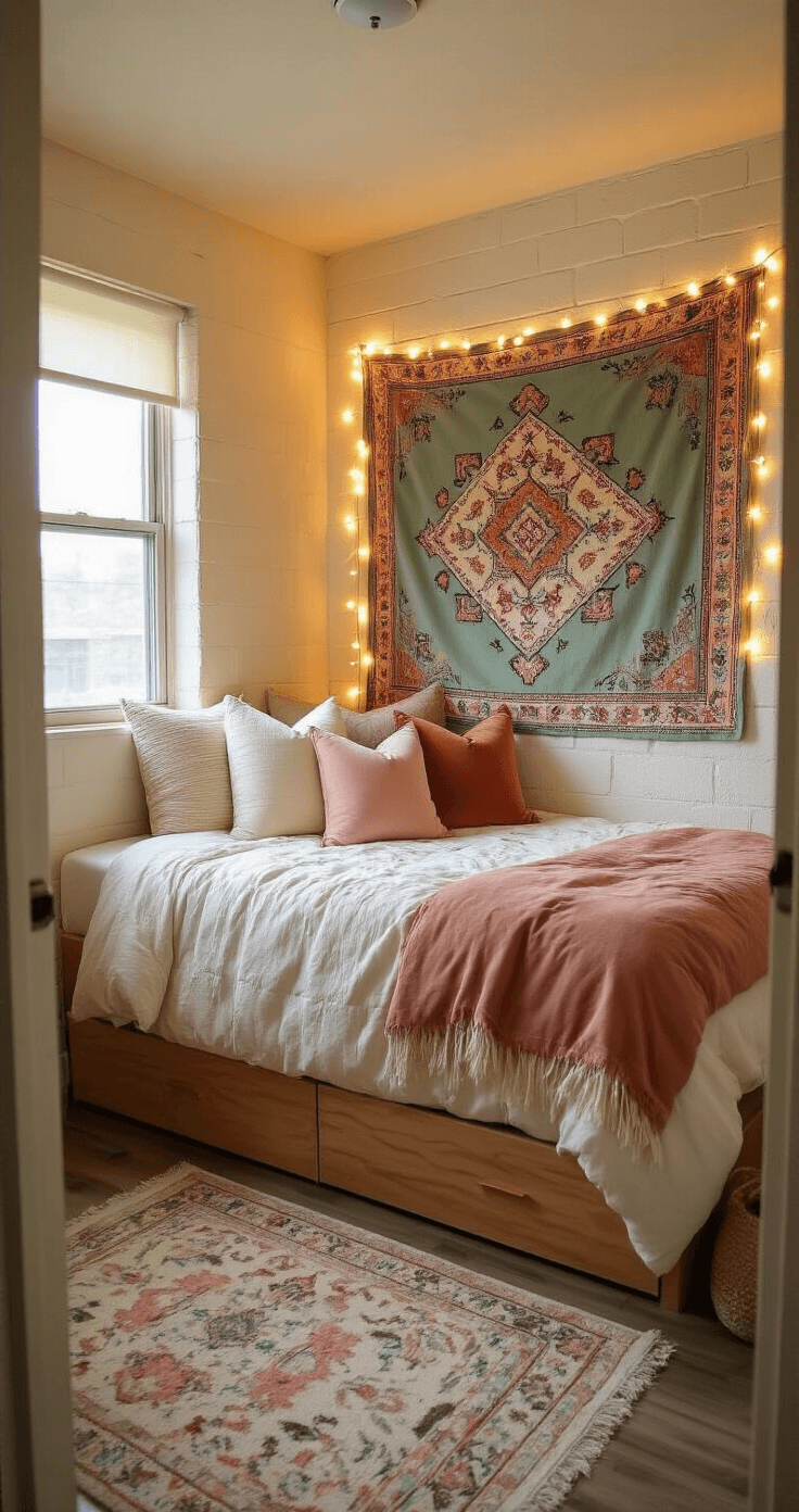 Dorm Room Ideas for Girls: Transform Your Tiny Space Into an Instagram-Worthy Haven Cinematographic view of a small dorm room featuring a twin XL bed with a dusty sage green and terracotta boho tapestry as a headboard, warm fairy lights outlining the tapestry, and an array of decorative pillows in cream, blush pink, and geometric patterns, set against soft cream cinderblock walls and illuminated by late afternoon light.