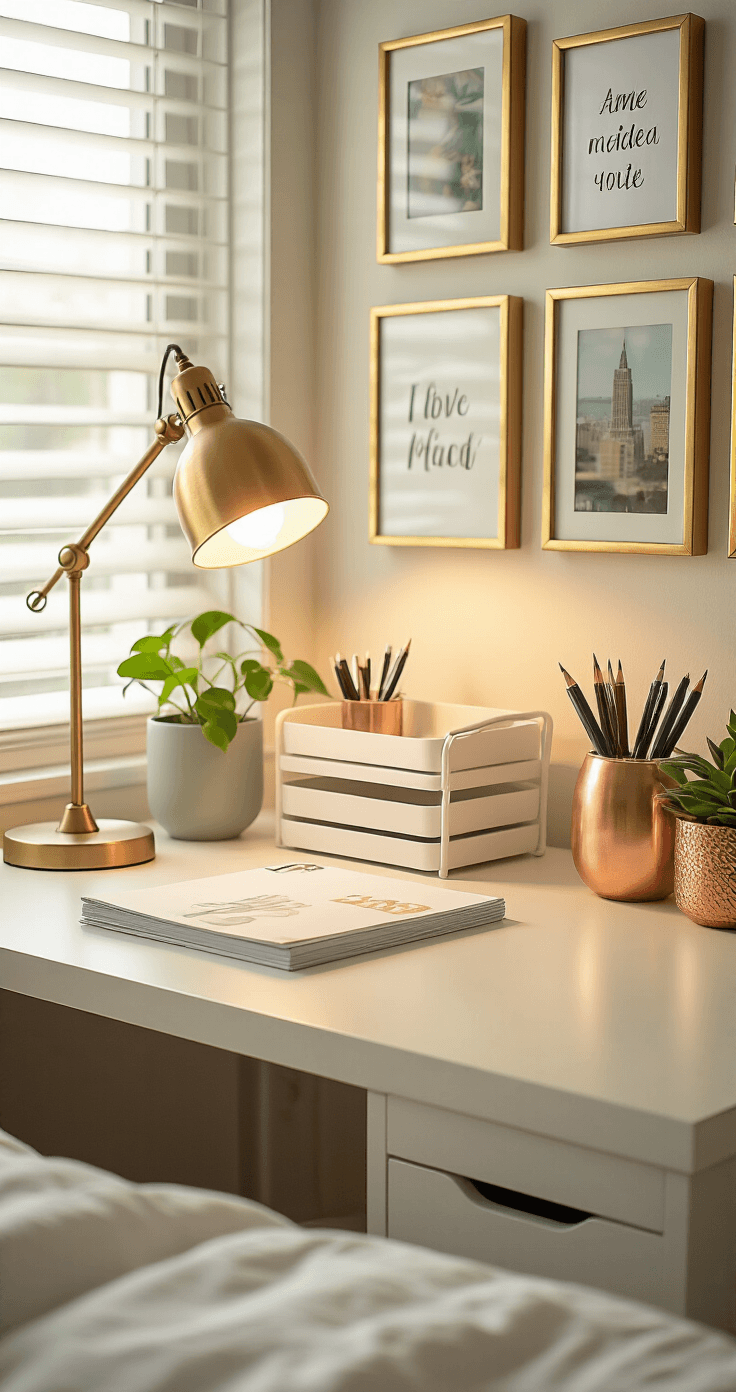 Dorm Room Ideas for Girls: Transform Your Tiny Space Into an Instagram-Worthy Haven Cinematographic close-up of a stylish dorm desk setup with golden hour lighting, featuring a brass desk lamp, white metal paper organizer, pothos plant in a ceramic pot, copper pen cup, and a gallery wall of gold-framed photos and art prints, emphasizing organization and a warm, productive atmosphere.
