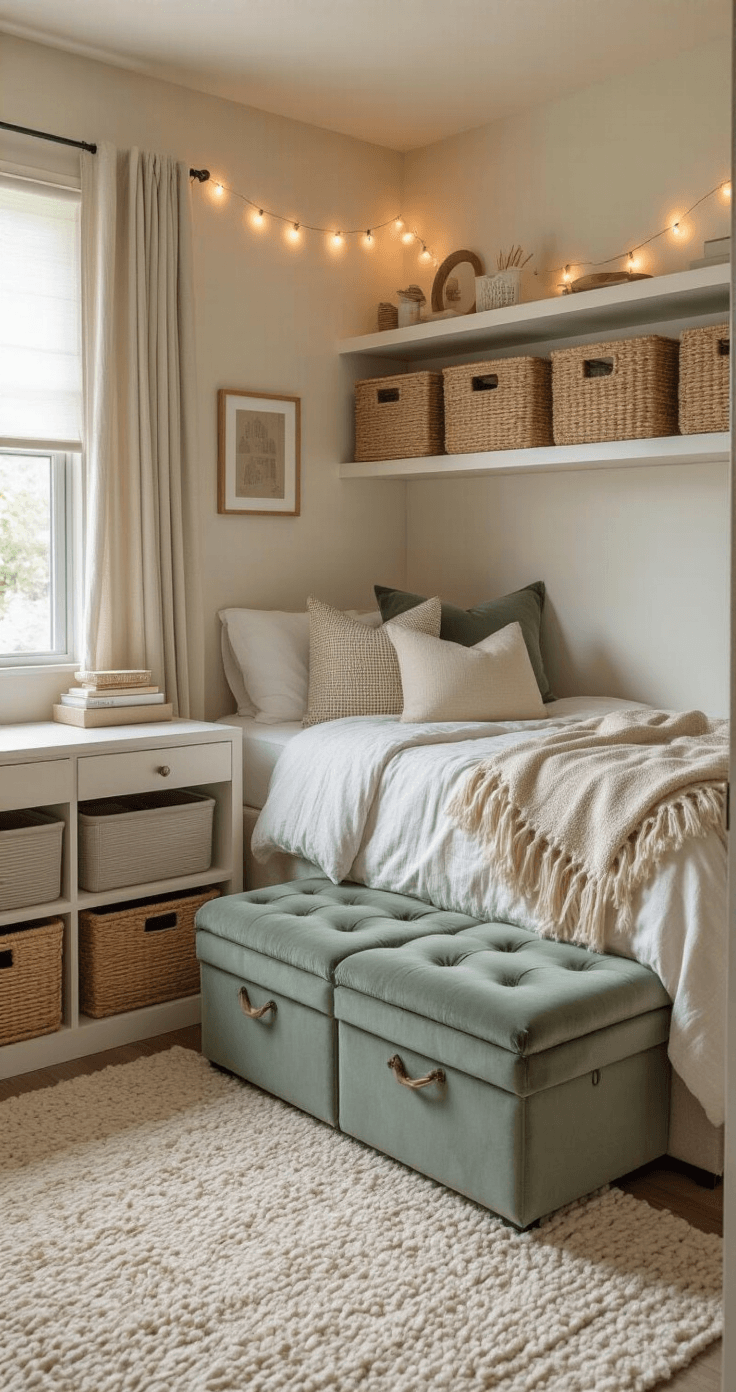 Dorm Room Ideas for Girls: Transform Your Tiny Space Into an Instagram-Worthy Haven Cinematographic shot of a small dorm room featuring a twin XL bed with storage bins underneath, a plush dusty sage velvet ottoman, woven jute baskets, and ambient string lights, all arranged in a cohesive color scheme of cream, sage green, and warm brass.