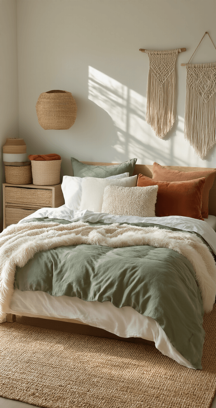 Dorm Room Ideas for Girls: Transform Your Tiny Space Into an Instagram-Worthy Haven A cozy dorm room shot from an elevated angle, with mid-morning light casting soft shadows. The bed features white linen sheets, a sage green duvet, cream faux fur pillows, an oatmeal chunky knit blanket, and a terracotta velvet accent pillow. A jute rug with geometric patterns lies beneath, surrounded by woven baskets and macrame wall hangings, all in a harmonious sage, cream, and terracotta palette, creating a warm and inviting atmosphere.