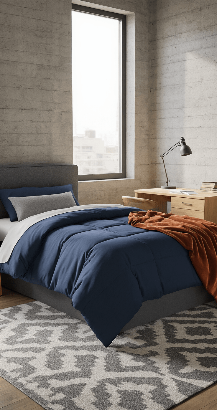 Dorm Room Ideas for Guys That Actually Look Good (No Pinterest Clichés Required) Wide-angle view of a modern masculine dorm room featuring a twin XL bed with a navy comforter and a charcoal gray reading pillow headboard against cinderblock walls, illuminated by natural light from a window. A geometric patterned rug lies beneath, with a rust-colored fleece throw at the foot of the bed. A simple wooden desk with an adjustable LED lamp showcases clean cable management. The room's industrial accent wall is enhanced with warm lighting, creating a minimalistic and functional student living space.