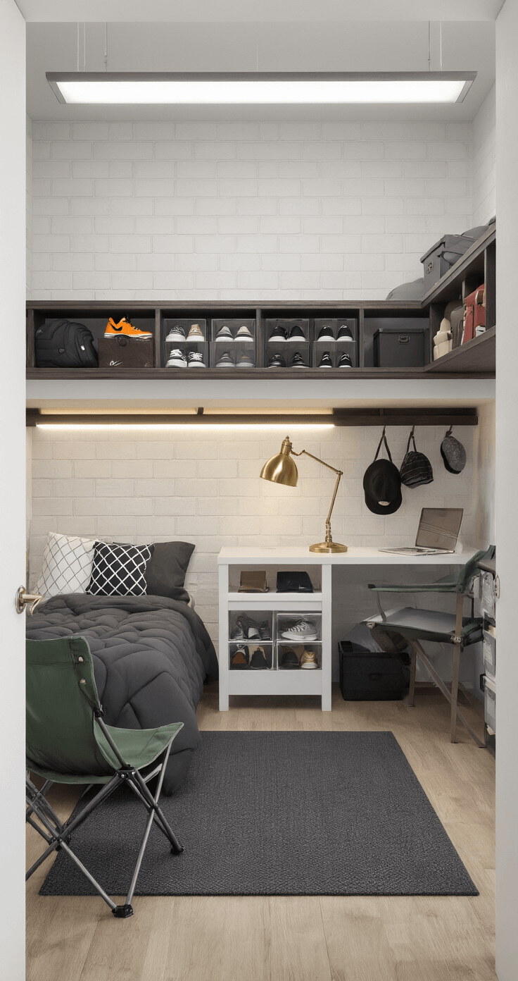 Dorm Room Ideas for Guys That Actually Look Good (No Pinterest Clichés Required) A compact dorm room showcasing a blend of dramatic fluorescent and warm desk lighting, featuring a charcoal comforter with a geometric pillow, dark wood floating shelves with sneaker display, a clear desk with a laptop and brass lamp, and ambient LED lighting, all arranged to emphasize organized functionality and personal style in a 120 square foot space.