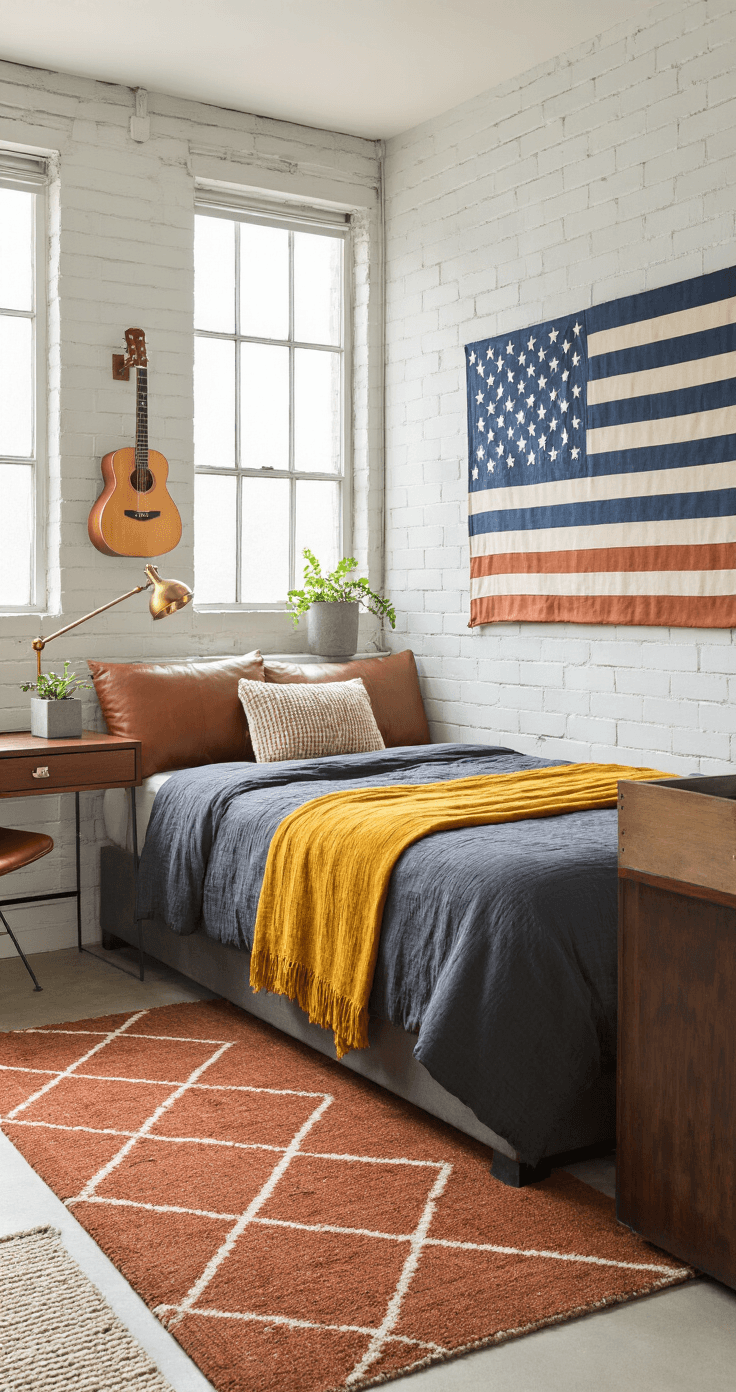 Dorm Room Ideas for Guys That Actually Look Good (No Pinterest Clichés Required) A well-styled masculine dorm room bathed in golden hour light, featuring a twin XL bed with a mustard yellow throw, a navy flag art piece, a wooden desk with brass lighting, and a guitar on the wall, all set against white cinderblock walls and a rust-colored geometric rug.