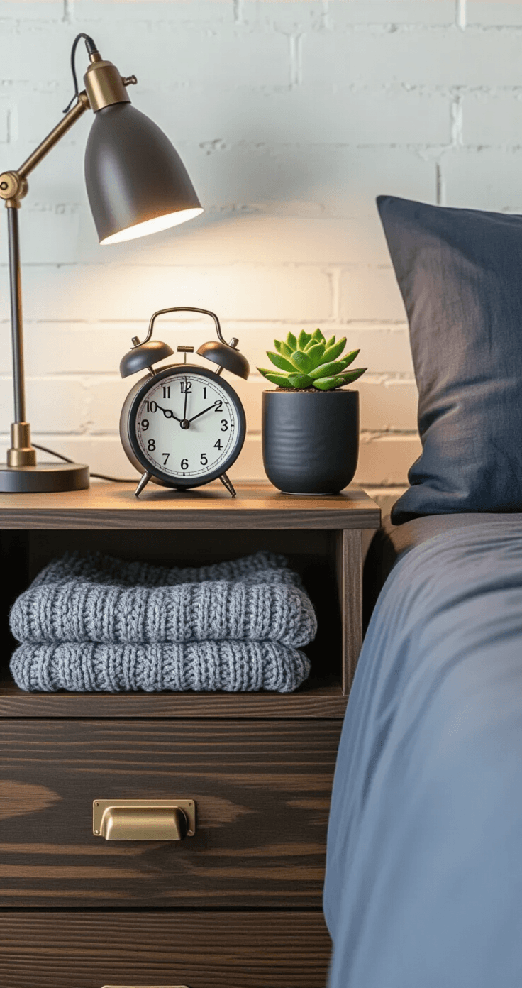 Dorm Room Ideas for Guys That Actually Look Good (No Pinterest Clichés Required) Close-up detail of a stylish dorm nightstand featuring dark wood shelf with vintage clock, black ceramic pot succulent, and gray cable-knit blanket, illuminated by a clip-on LED spotlight against a white cinderblock wall. Navy fitted sheet and charcoal pillowcase in background, with soft focus on brass accent lamp. Emphasis on textures and warm lighting creates an intimate atmosphere.