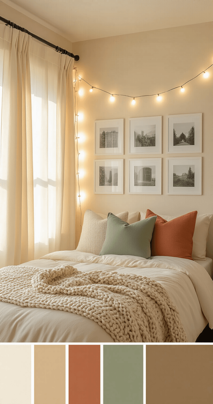 Dorm Room Decorating: My Battle-Tested Blueprint for a Pinterest-Worthy Space on a Broke Student Budget A cozy college dorm room with warm sunlight streaming through sheer cream curtains, featuring a lofted twin bed with a cream duvet and pillows in sage green and terracotta. A photo grid of black-and-white prints is displayed behind the bed, accented by warm string lights. The overall color palette is cream, sage, and terracotta, creating a curated and inviting atmosphere.