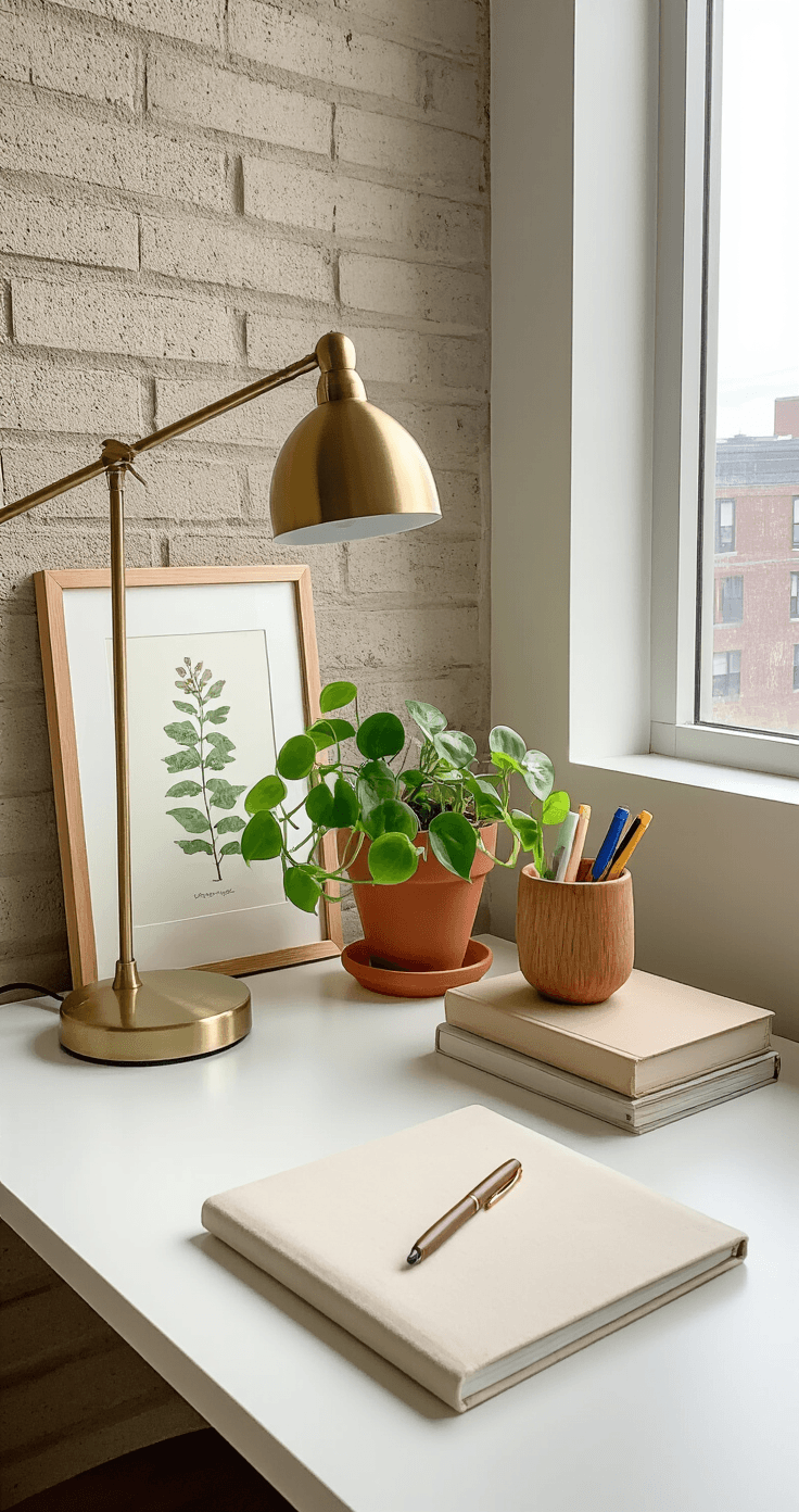Dorm Room Decorating: My Battle-Tested Blueprint for a Pinterest-Worthy Space on a Broke Student Budget A well-organized dorm desk corner featuring a white laminate desk with a brass arc lamp, a small pothos plant in a terracotta pot, a cream journal, a wooden pen cup with writing instruments, and a slim white laptop elevated on stacked hardcover books, all illuminated by diffused natural light, set against a softly blurred cinder block wall.