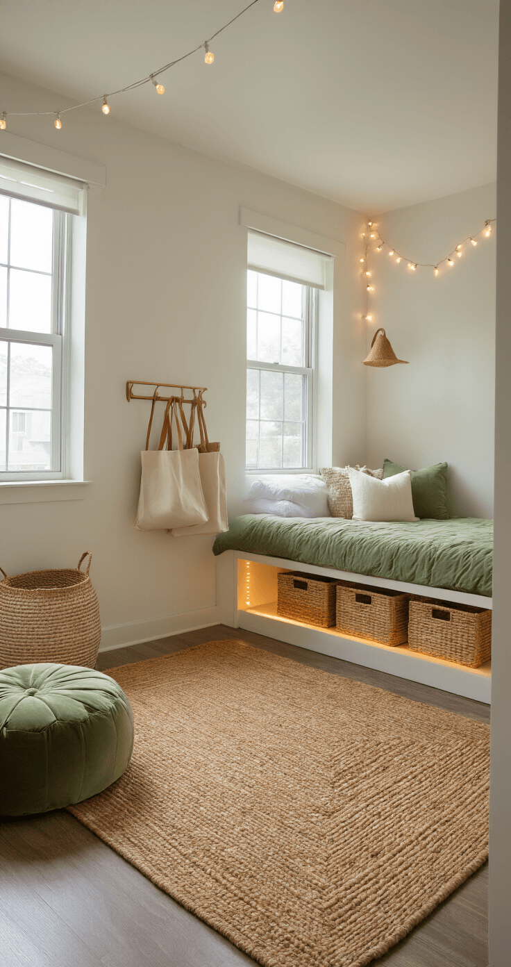Dorm Room Decorating: My Battle-Tested Blueprint for a Pinterest-Worthy Space on a Broke Student Budget A styled 120-square-foot dorm room featuring bright indirect daylight, a large jute rug, a sage green velvet pouf, and under-bed LED lights, with woven rattan baskets and canvas tote bags, all enhanced by white string lights, creating an airy and intentional atmosphere.