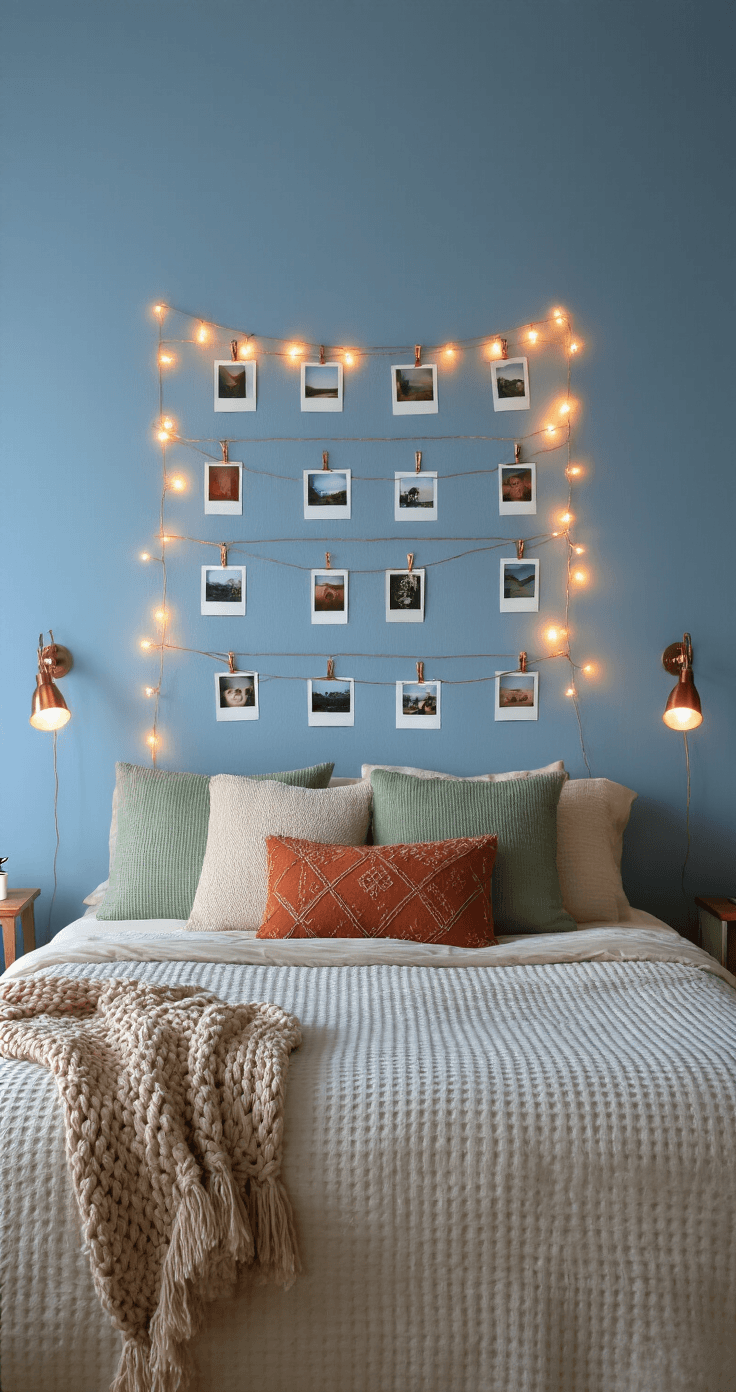 Dorm Room Decorating: My Battle-Tested Blueprint for a Pinterest-Worthy Space on a Broke Student Budget A cozy bedroom scene featuring a perfectly arranged bed with layered cream and sage bedding, illuminated by string lights and warm bedside clip lights. Personal polaroid photographs hang above, set against soft grey cinder block walls, creating a warm and inviting atmosphere during twilight.