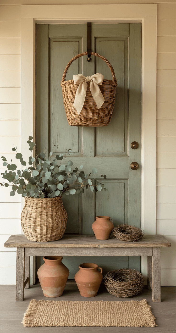 Rustic Spring Decor That'll Make Your Home Instagram-Famous (Without Breaking the Bank) A rustic farmhouse entryway during golden hour featuring a weathered wooden door with a wicker basket filled with eucalyptus and cherry blossoms, an aged bench with terracotta pots, and soft natural light creating a cozy atmosphere.