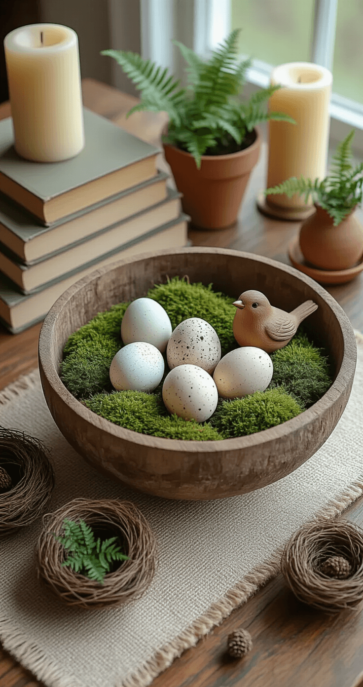 Rustic Spring Decor That'll Make Your Home Instagram-Famous (Without Breaking the Bank) Overhead flat lay of a rustic spring coffee table vignette featuring a weathered wooden dough bowl filled with moss, speckled ceramic eggs, and a wooden bird figurine, surrounded by vintage books, cream pillar candles, terracotta pots with ferns, and aged brass candlesticks, all arranged on a natural jute runner with soft diffused light and a muted spring color palette.