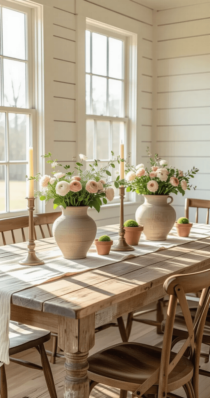 Rustic Spring Decor That'll Make Your Home Instagram-Famous (Without Breaking the Bank) Interior photograph of a rustic spring dining room featuring a reclaimed wood farmhouse table, vintage ceramic urns with flowers, cream beeswax candles, and Windsor chairs, bathed in warm afternoon light from large windows, creating a peaceful and inviting atmosphere.