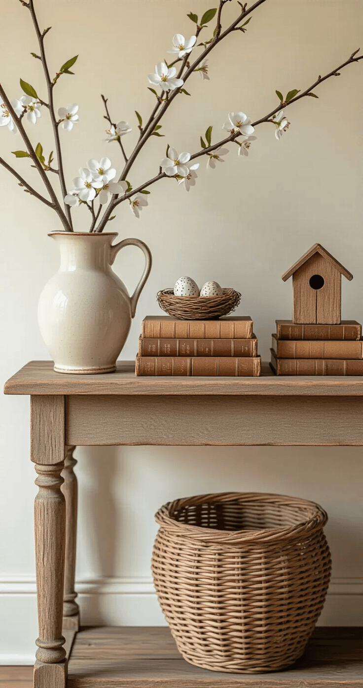 Rustic Spring Decor That'll Make Your Home Instagram-Famous (Without Breaking the Bank) Close-up of a rustic spring console table styled with a vintage ironstone pitcher of cherry blossoms, a stack of aged leather books topped with a birdhouse, and a ceramic nest with speckled eggs, all bathed in soft morning light, showcasing the textures of wicker, ceramic, and wood against a cream wall.