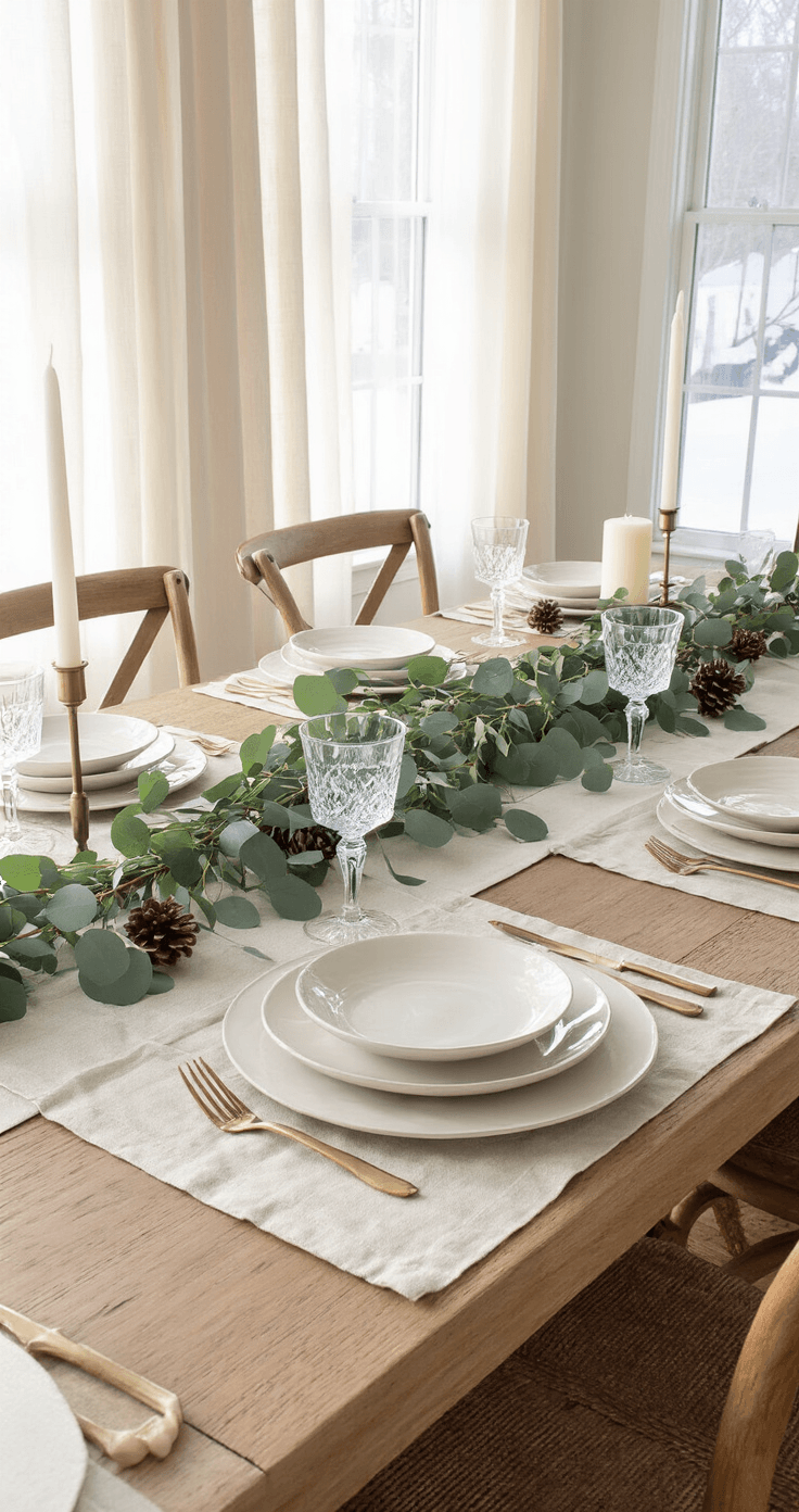 Winter Table Decor That Actually Looks Expensive (But Costs Next to Nothing) A cozy and elegant dining room table set for six, adorned with a cream linen runner, white ceramic plates, crystal glassware, and a greenery garland of eucalyptus and pine, accented by pillar candles and brass details, all bathed in warm afternoon winter light.