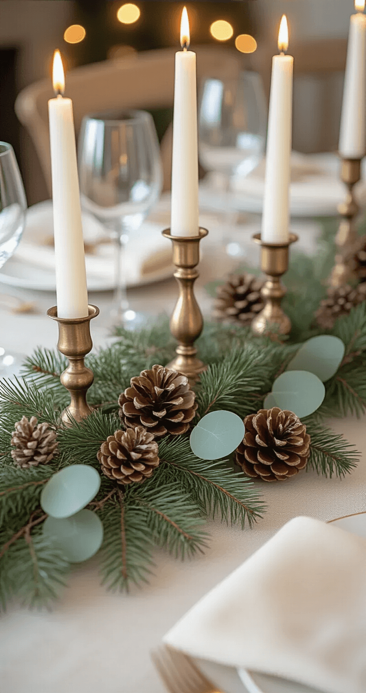 Winter Table Decor That Actually Looks Expensive (But Costs Next to Nothing) Close-up of a winter table centerpiece featuring three white taper candles in mismatched brass and bronze holders, surrounded by eucalyptus, pine sprigs, and pinecones, illuminated by warm candlelight against a softly blurred background of dinnerware and linen, evoking an intimate and warm atmosphere.