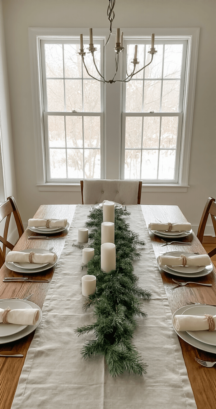 Winter Table Decor That Actually Looks Expensive (But Costs Next to Nothing) Cozy winter dinner party setting in a dining room, featuring a rectangular wood table dressed with a gray linen tablecloth and cream runner, elegant place settings, a eucalyptus and pine centerpiece, and soft afternoon light casting gentle shadows, creating an intimate ambiance.
