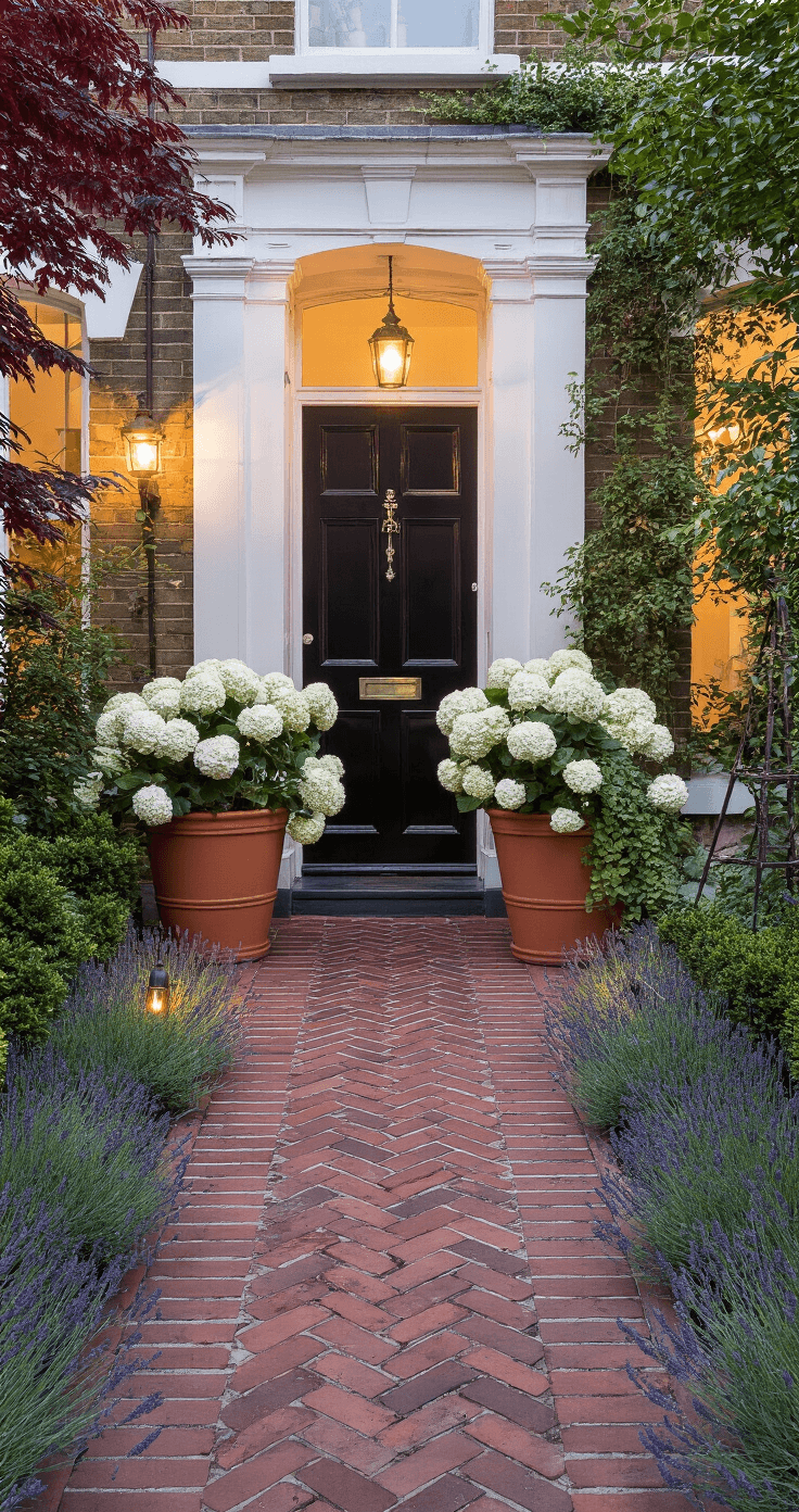 Front Garden Ideas That Actually Make Your Neighbors Stop and Stare A Victorian terrace entrance featuring a charcoal-black front door flanked by terracotta planters filled with white hydrangeas and ivy, a wide herringbone brick pathway edged with catmint and lavender, illuminated by solar lights, with a mature Japanese maple, evergreen shrubs, and climbing roses, all captured in warm golden hour light.