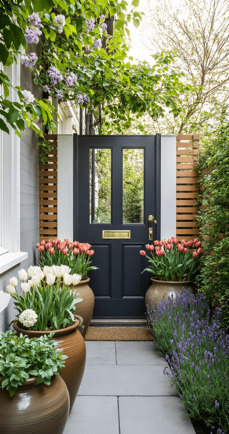 Front Garden Ideas That Actually Make Your Neighbors Stop and Stare Professional interior design photography of a compact front garden entrance featuring a charcoal-painted door flanked by large ceramic pots with seasonal plants, a cedar privacy screen with climbing honeysuckle, and meticulously arranged borders of white hydrangeas and lavender, all bathed in soft morning light.