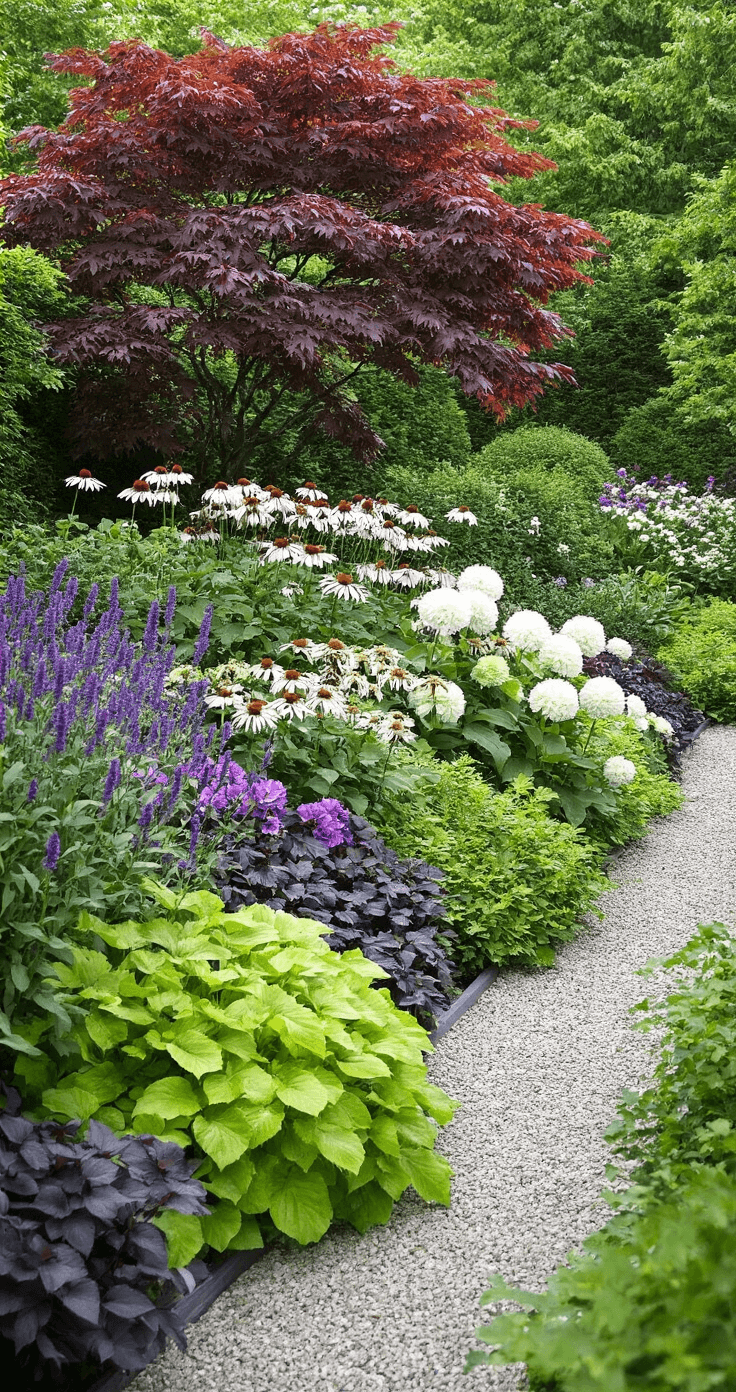 Front Garden Ideas That Actually Make Your Neighbors Stop and Stare Elevated view of a layered perennial garden in peak summer bloom, featuring a backdrop of a mature burgundy Japanese maple, evergreen shrubs, and climbing roses, with vibrant middle layers of purple salvia, white echinacea, pale pink peonies, and compact hydrangeas, complemented by a front edge of chartreuse Alchemilla mollis, dark purple Ajuga, and trailing geraniums, all intertwined with self-binding gravel paths and bark mulch under warm golden hour lighting.